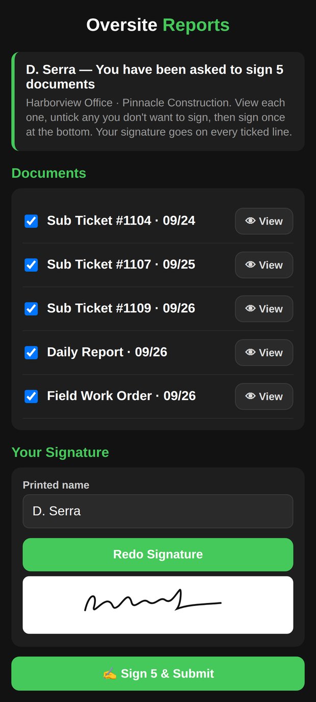 A superintendent's signing link: five documents waiting, one signature signs them all